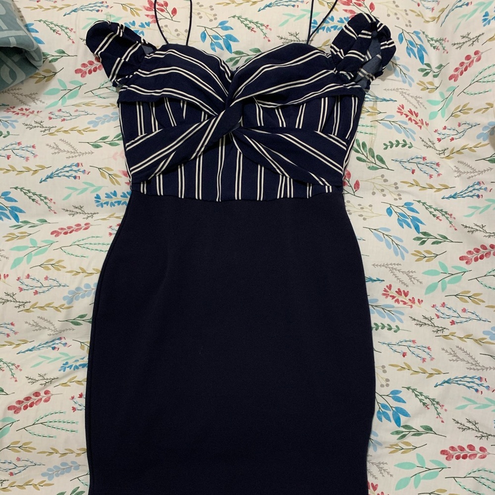 Dark navy blue dress with white stripes
